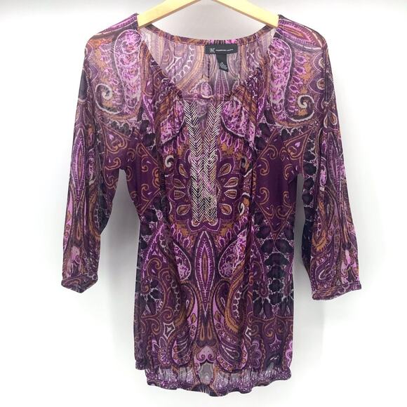 INC International Concepts Top Womens Medium Beaded Purple Paisley Semi Sheer - Picture 1 of 11